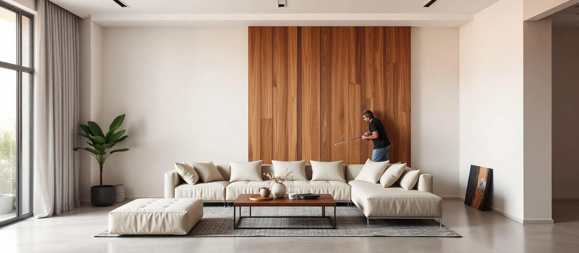 Instalação de painel ripado em ambiente contemporâneo